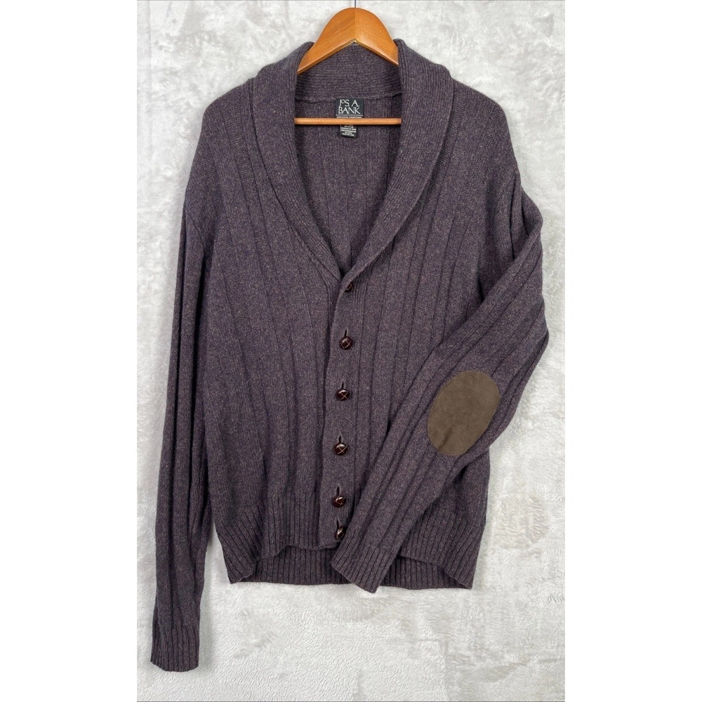 Jos. A Bank Sweater Mens XL Wool Cardigan Brown Elbow Patch Grandpa Academia